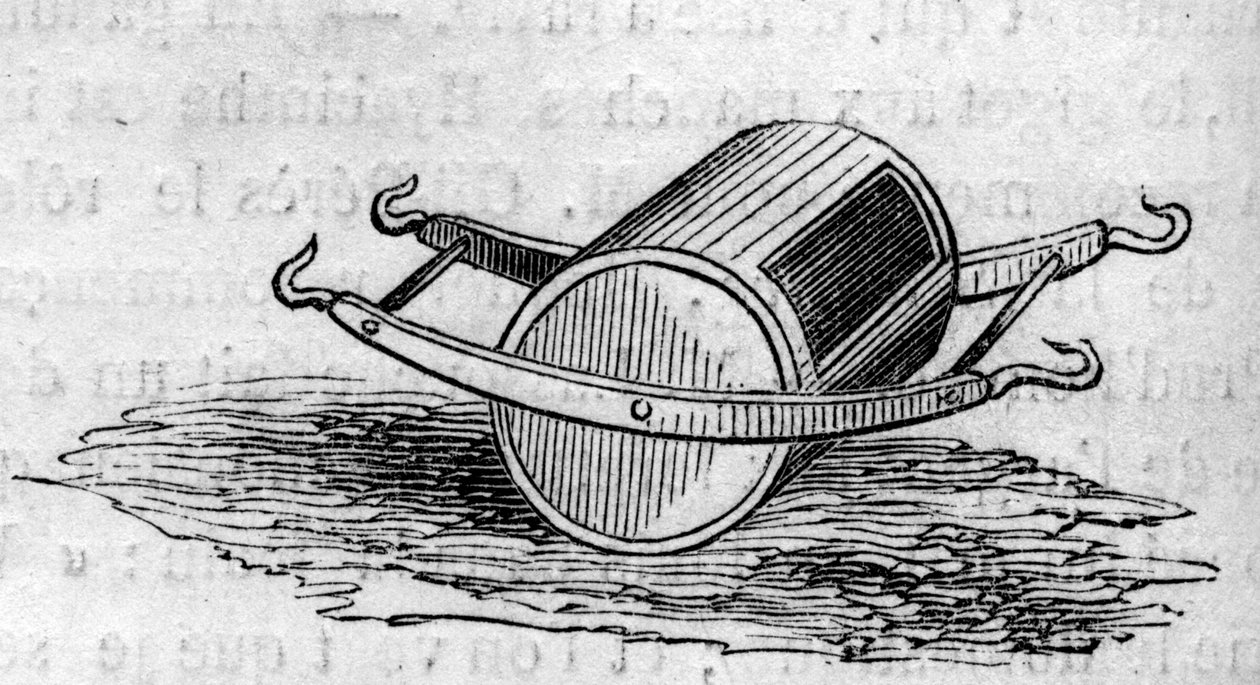 Landbouwmachine: een mestverspreider gepresenteerd op de Parijse landbouwwedstrijd in 1860. Gravure in 