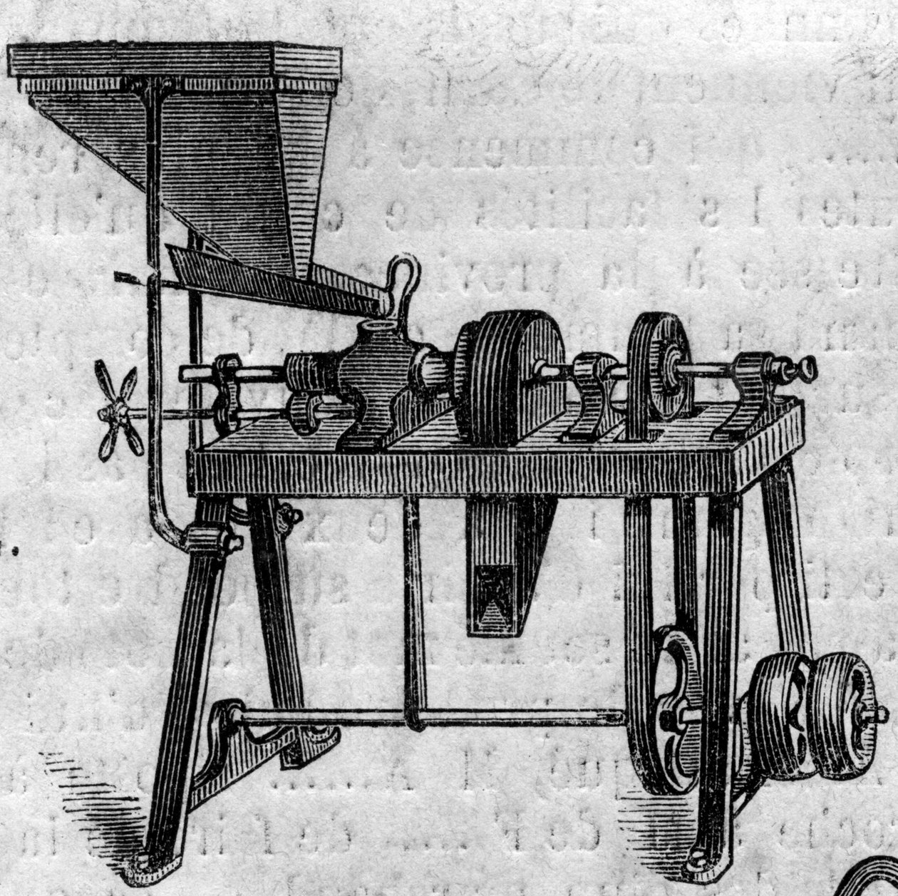 Landbouwmachine: een kleine molen op de Landbouwtentoonstelling van 1860 in Parijs. Gravure in 
