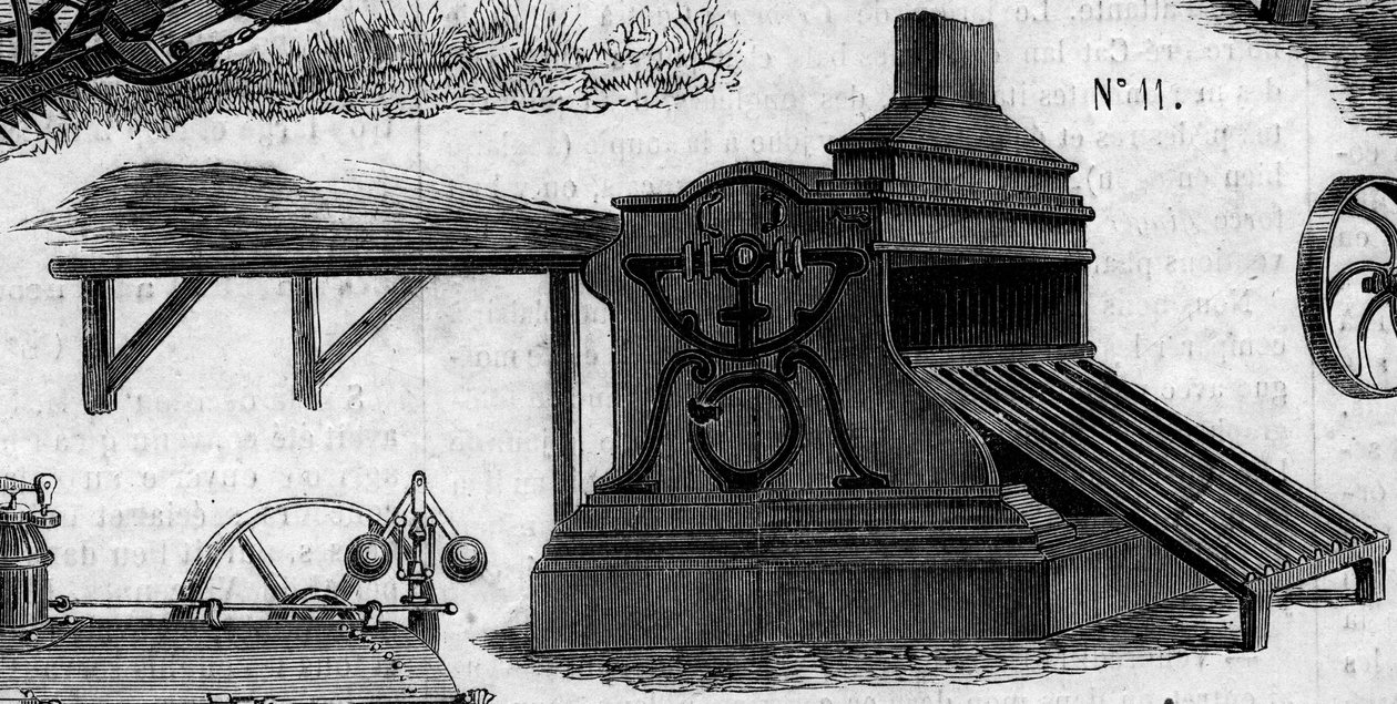 Landbouwmachine: een dorskast gepresenteerd op de Parijse landbouwwedstrijd in 1860. Gravure in 