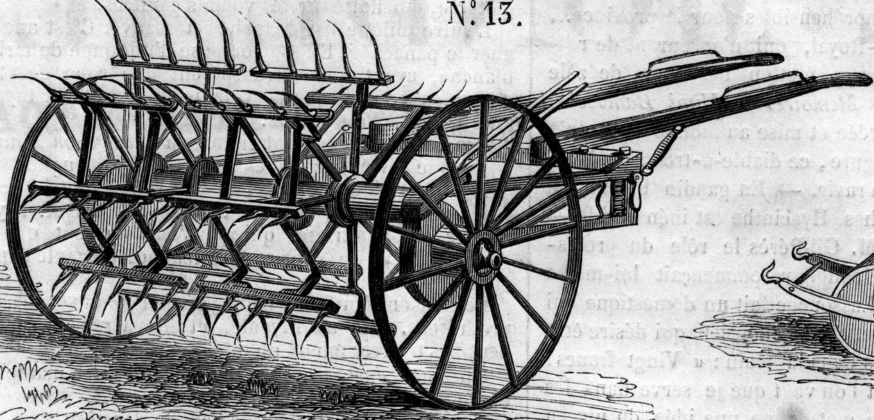 Landbouwmachine: een Engelse dubbele actie hooischudder gepresenteerd op de Parijse landbouwwedstrijd in 1860 - gravure in 