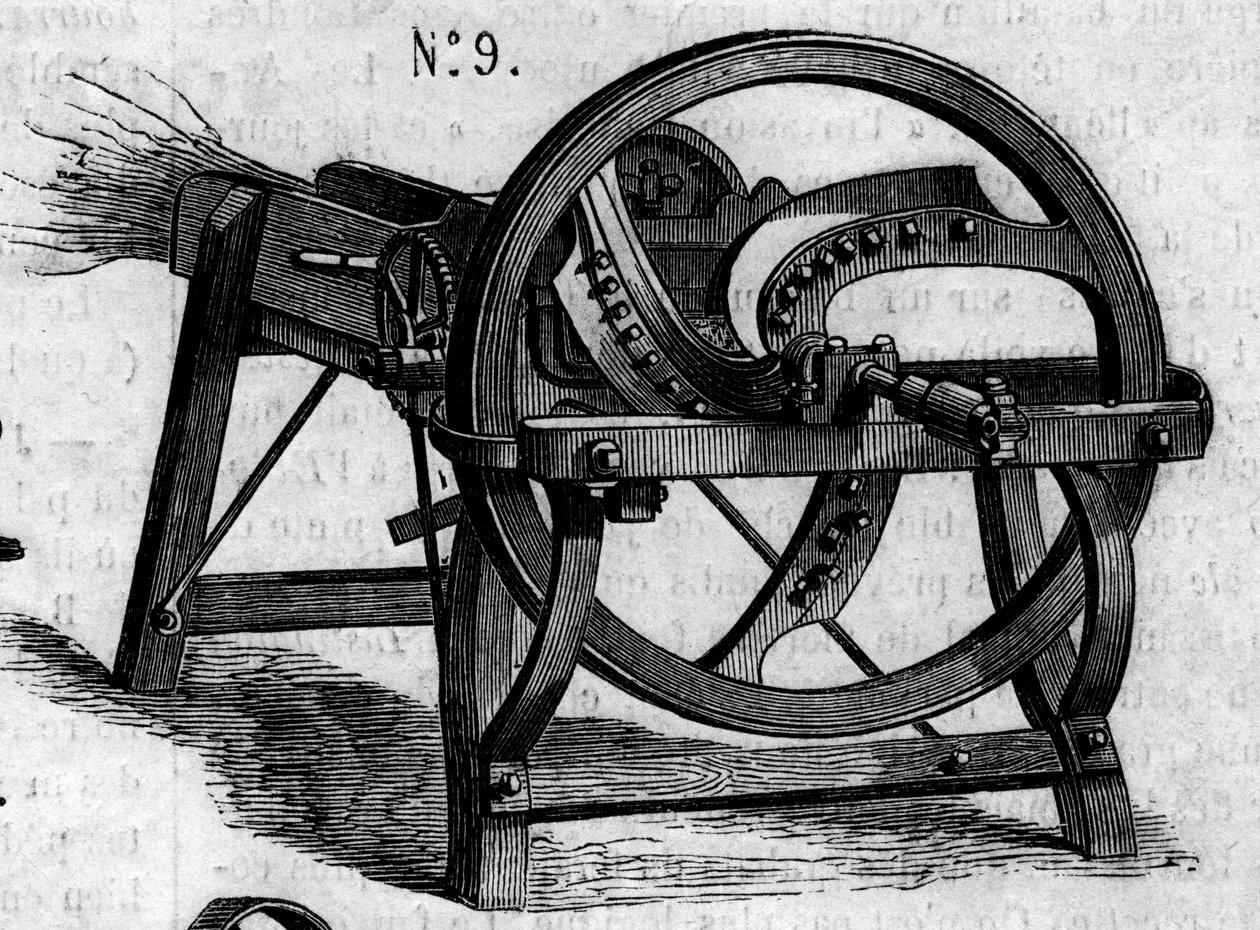 Landbouwmachine: een Engelse strobijl gepresenteerd op de Parijse landbouwwedstrijd in 1860. Gravure in "Le Monde Illustré" nr. 16 van 7 juli 1860. door French School