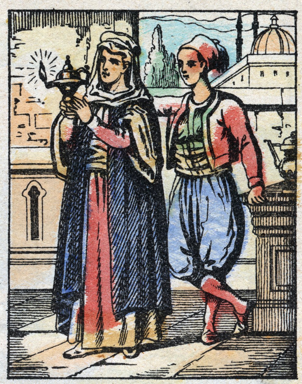 Aladin brengt de magische lamp naar zijn moeder. Gravure van het verhaal van Duizend-en-een-nacht 