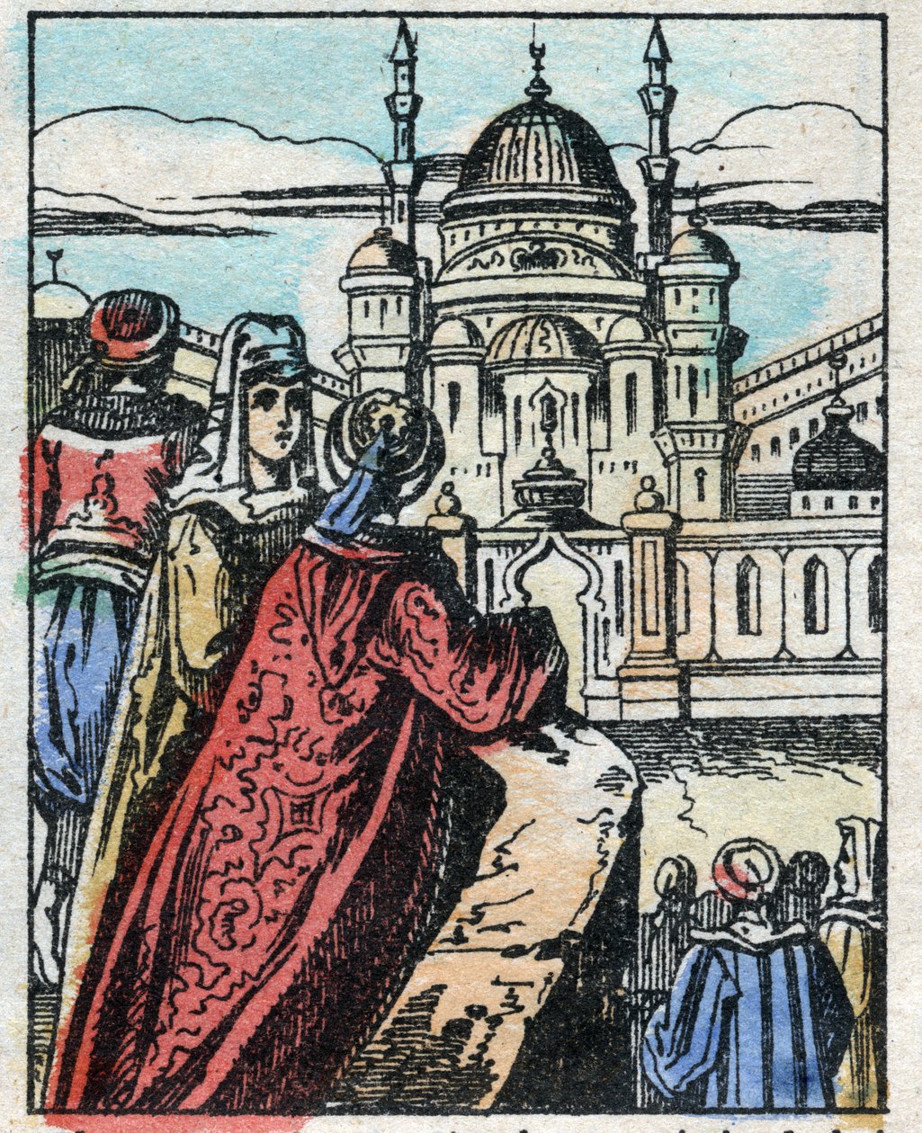 Aladin wenst dat de Geest een weelderig paleis bouwt tegenover het paleis van de Sultan. Gravure van het verhaal Duizend-en-een-nacht "Aladin en de Wonderlamp". Epinal afbeelding, eind 19e eeuw. Privécollectie. door French School