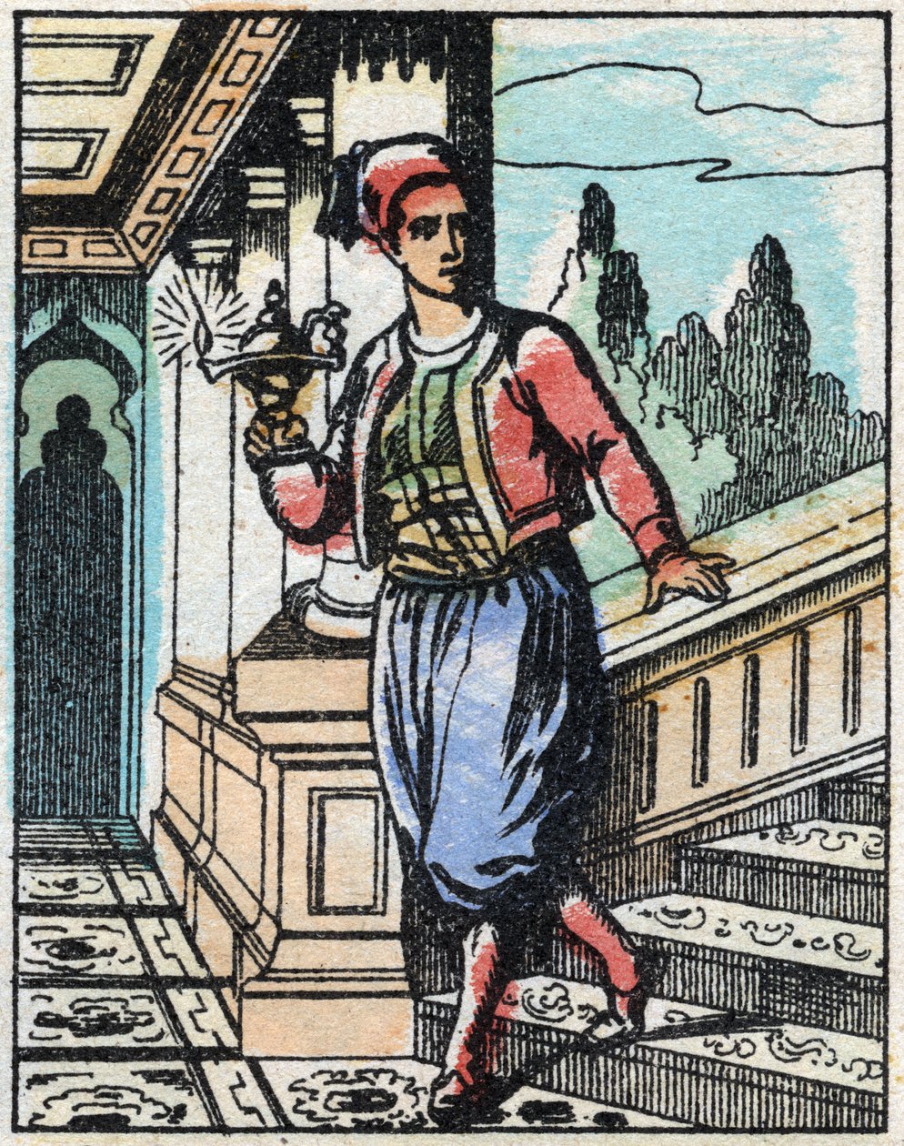 Aladin met de magische lamp vindt zijn weg niet meer. Gravure van het verhaal van Duizend-en-een-nacht 