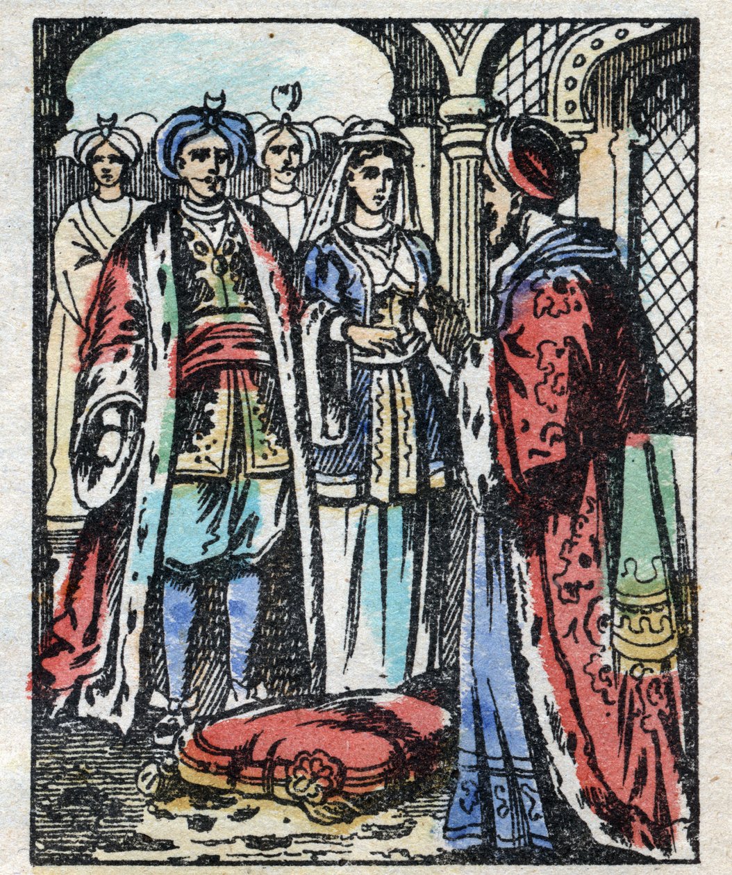 Aladins huwelijk met de dochter van de Sultan. Gravure van het verhaal Duizend-en-een-nacht "Aladin en de Wonderlamp". Epinal afbeelding, eind 19e eeuw. Privécollectie. door French School