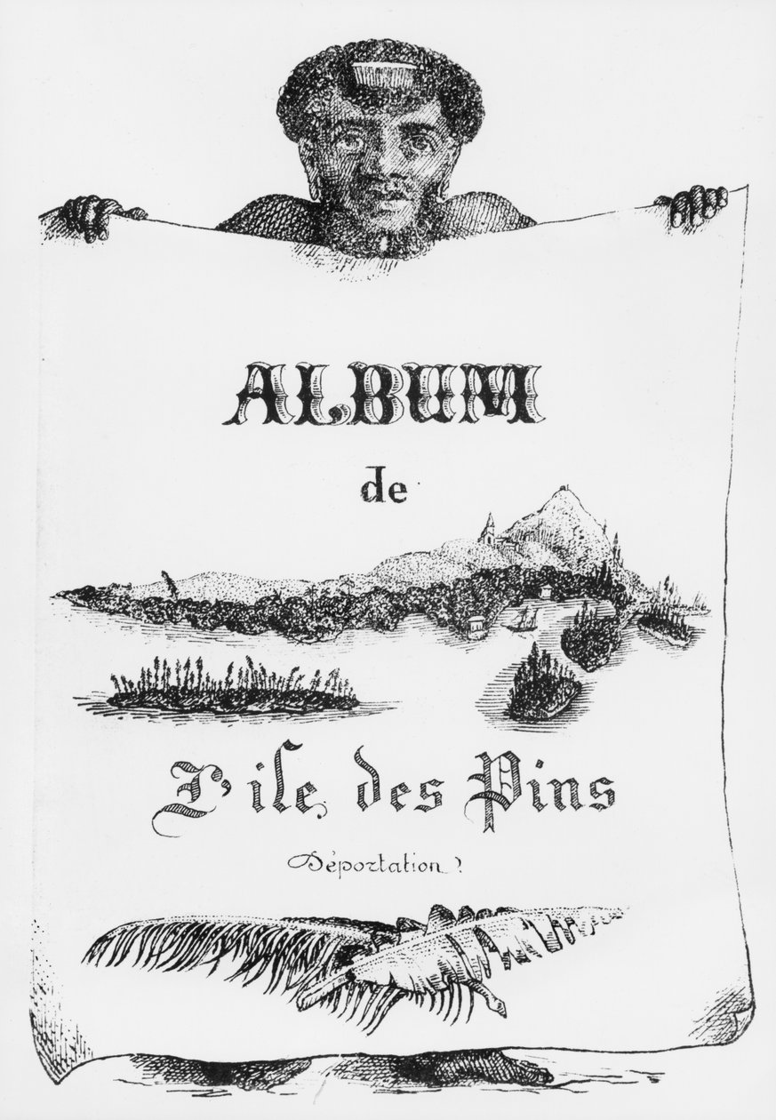 Album van het Isle of Pines, Nieuw-Caledonië, deportatie, vooromslag illustratie, 1877 door French School