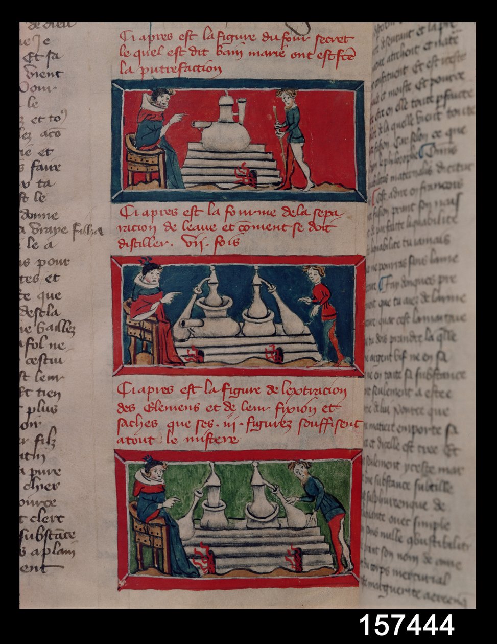 Alchemisten aan het werk, uit een manuscript over Alchemie door French School