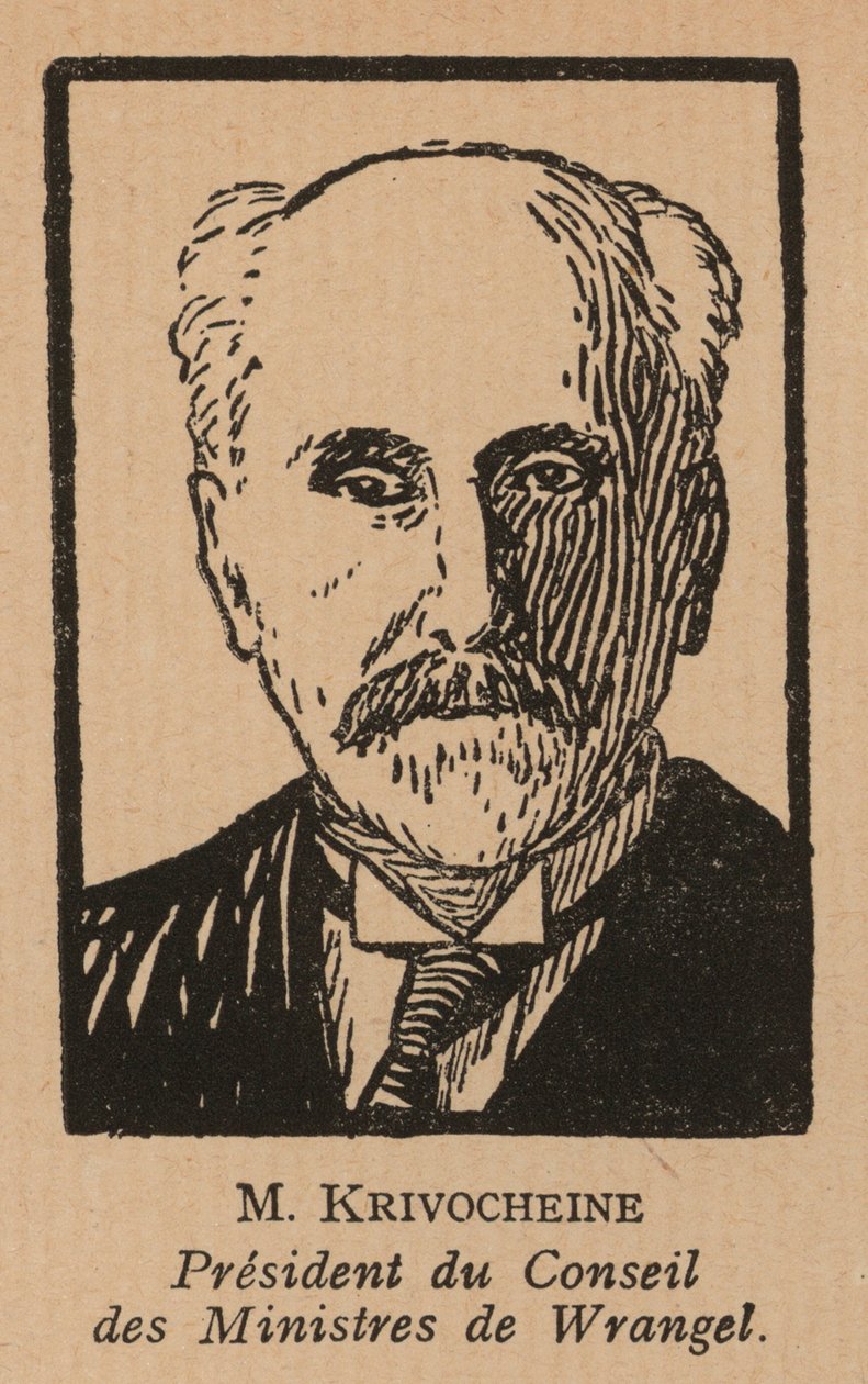 Alexander Krivoshein, Russisch monarchistisch politicus die de Wit-Russische regering van Pjotr Wrangel leidde op de Krim tijdens de Russische Burgeroorlog (litho) door French School