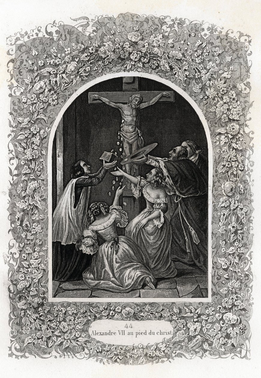 Alexander VII (Alexander of Alessandro) (Paus 1655 tot 1667) aan de voet van Christus. Gravure ter illustratie van Histoire des popes door Maurice Lachatre (1814-1900), librairie du progrès, Parijs door French School