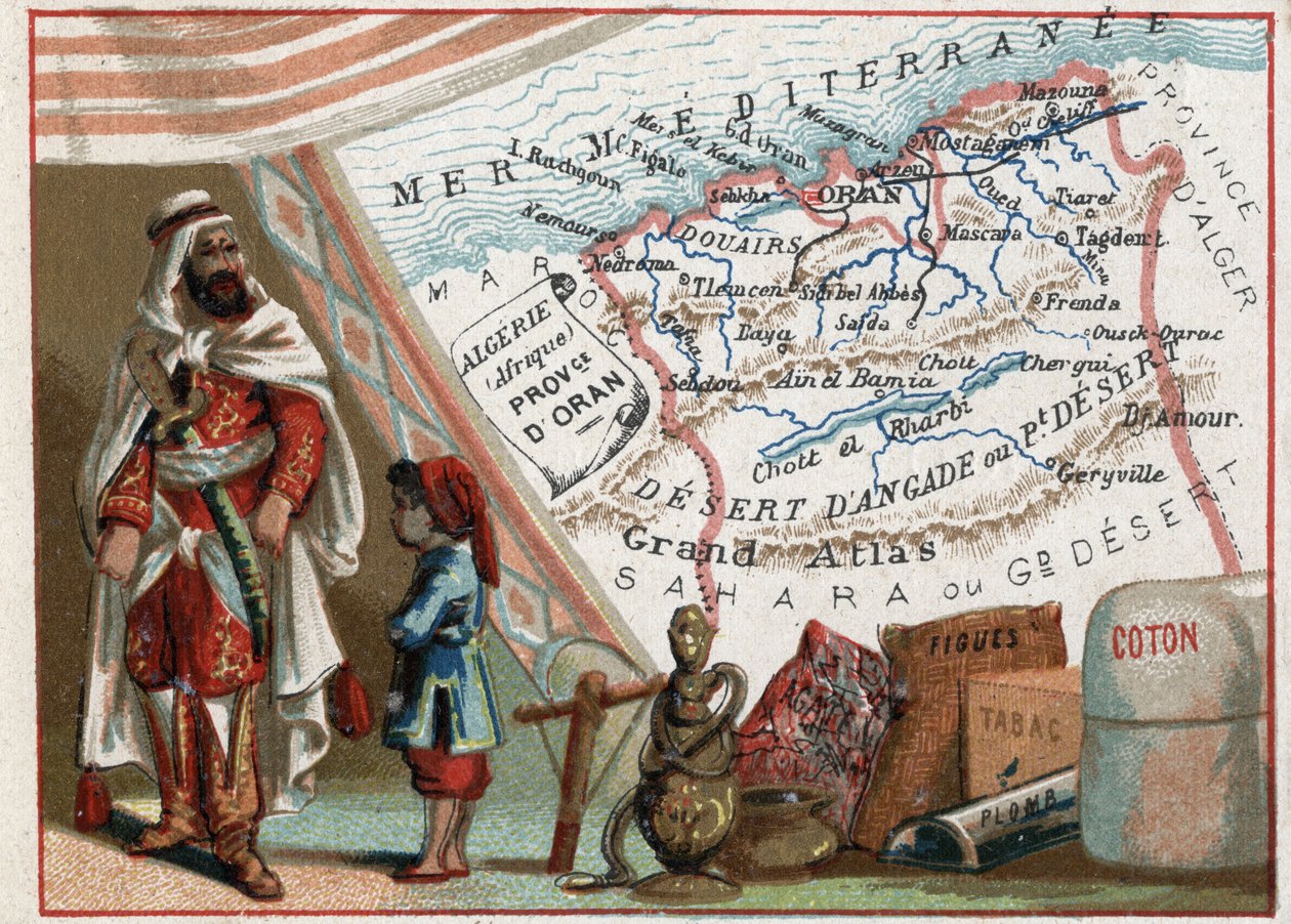 Algerije in Afrika en de provincie Oran, Frankrijk. Serie over de Franse departementen. Import van vijgen, katoen, tabak, agaat en lood. Chromolithografie "de geografische draad", circa 1920. Privécollectie door French School