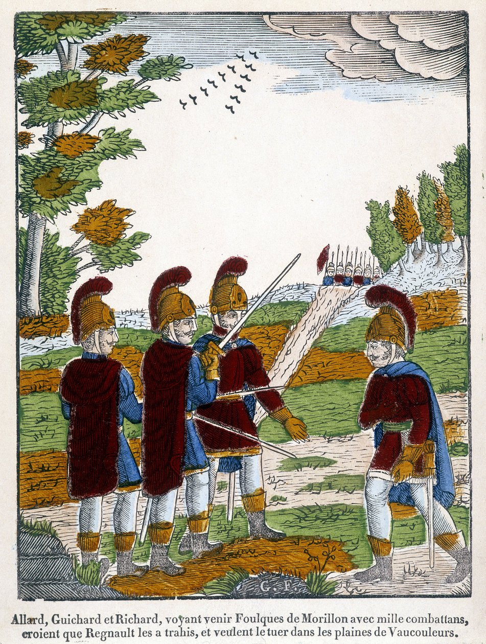Allard, Guichard en Richard, die Coots van Morillon zien aankomen met duizend strijders, geloven dat Regnaut hen heeft verraden en willen hem doden op de vlakten van Vaucouleurs. Afbeelding van Epinal uit 1825 die een scène uit het epische gedicht van het  door French School