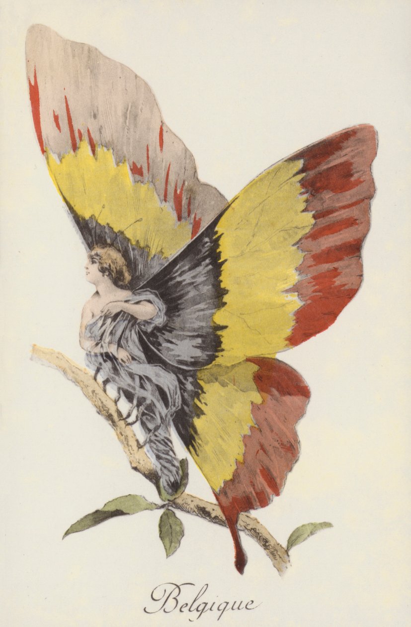 Allegorische afbeelding van België als vlinder (kleurenlitho) door French School