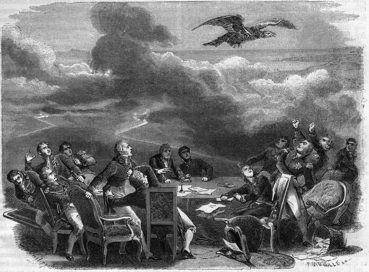 Allegorie van het einde van het Congres van Wenen in 1815 - buitengewone opwinding van diplomaten die het ontschepen van Napoleon vernemen - in 