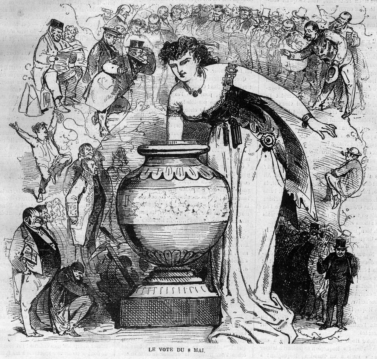 Allegorie van het plebisciet van 8 mei 1870, laatste plebisciet georganiseerd onder het Tweede Keizerrijk. Gravure uit 1870 door French School