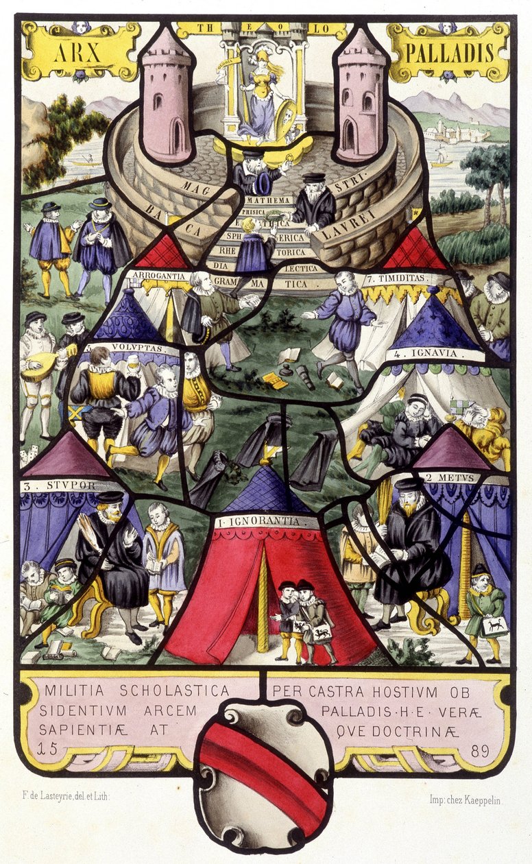 Allegorie van de universiteit. Facsimile van een glas-in-loodraam uit de Middeleeuwen in Histoire de la peinture sur verre door Ferdinand de Lasteyrie door French School
