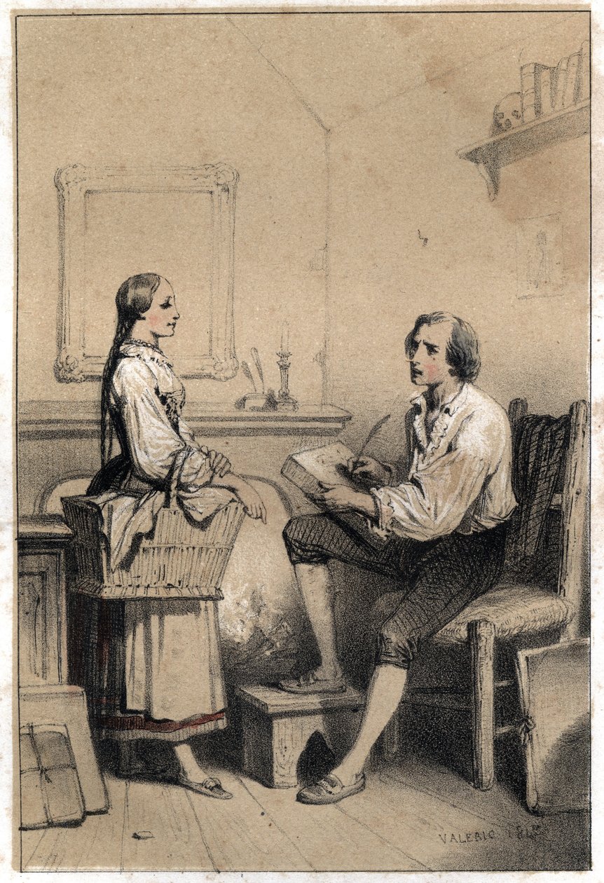 Alois Senefelder (of Aloysius of Aloys) of Johann Nepomuk Franz Aloys (1771-1834), een Tsjechische dichter en graveur, blijft zonder een vel papier in een moment van woede en wanhoop dat hem ertoe bracht alles in de vlammen te gooien, schreef de notitie va door French School