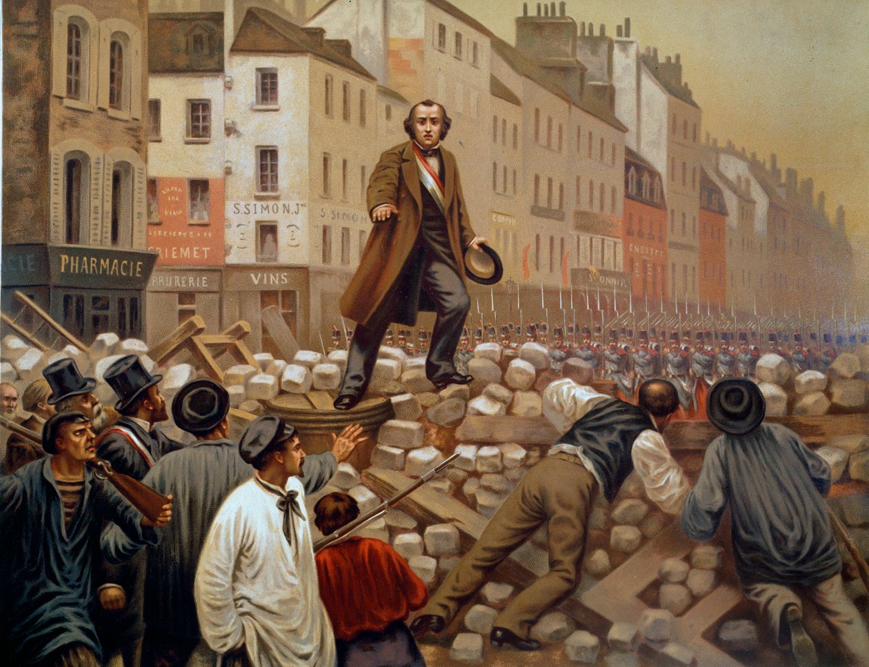 Alphonse Baudin (1811-1851) op de barricade van de Faubourg Saint Antoine op 3/12/1851 tijdens de staatsgreep van Louis Napoleon III (Louis-Napoleon Bonaparte) Gravure van 1851 door French School