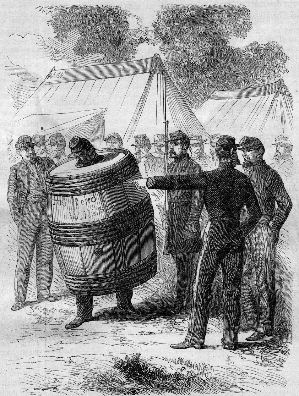 Amerikaanse Burgeroorlog (1861-1865): straf van een dronken soldaat van het Confederale leger. Hij draagt een doorboekt vat en loopt door het kamp onder de amusante blik van andere soldaten. Gravure in 