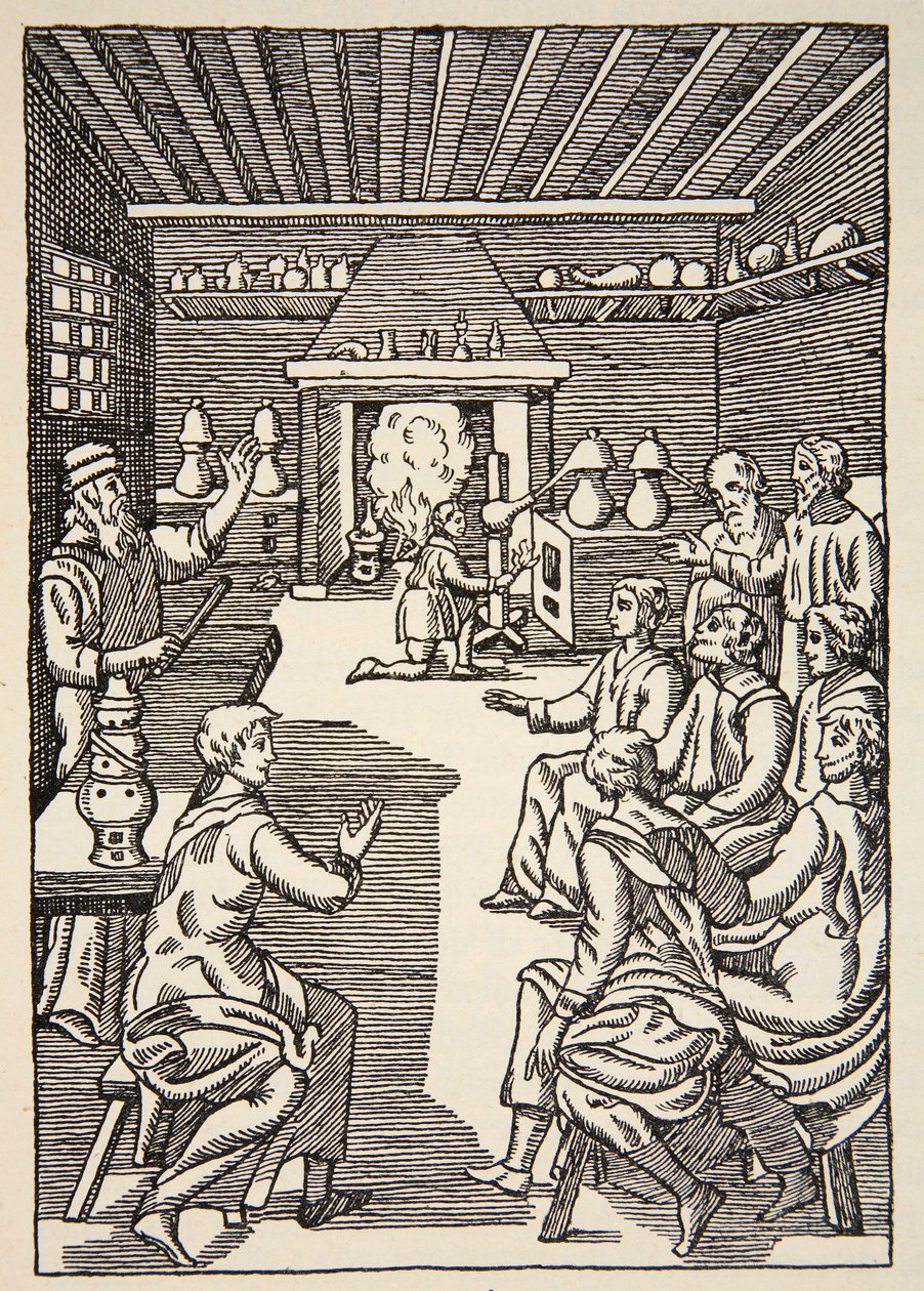 Een alchemieles in de 14e eeuw, kopie door Boris Mestchersky (d.1957) illustratie uit Histoire de la Nation Francaise, Sciences, Volumes I & II, door Gabriel Hanotaux (1853-1944), 1924 door French School