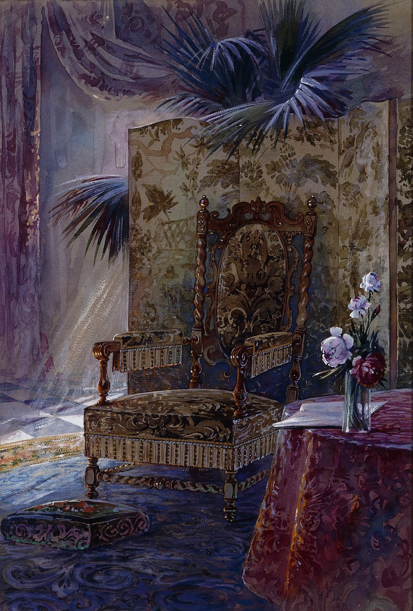 Een interieur met een 17e-eeuwse walnoten gestoffeerde armstoel, ca. 1880 door French School