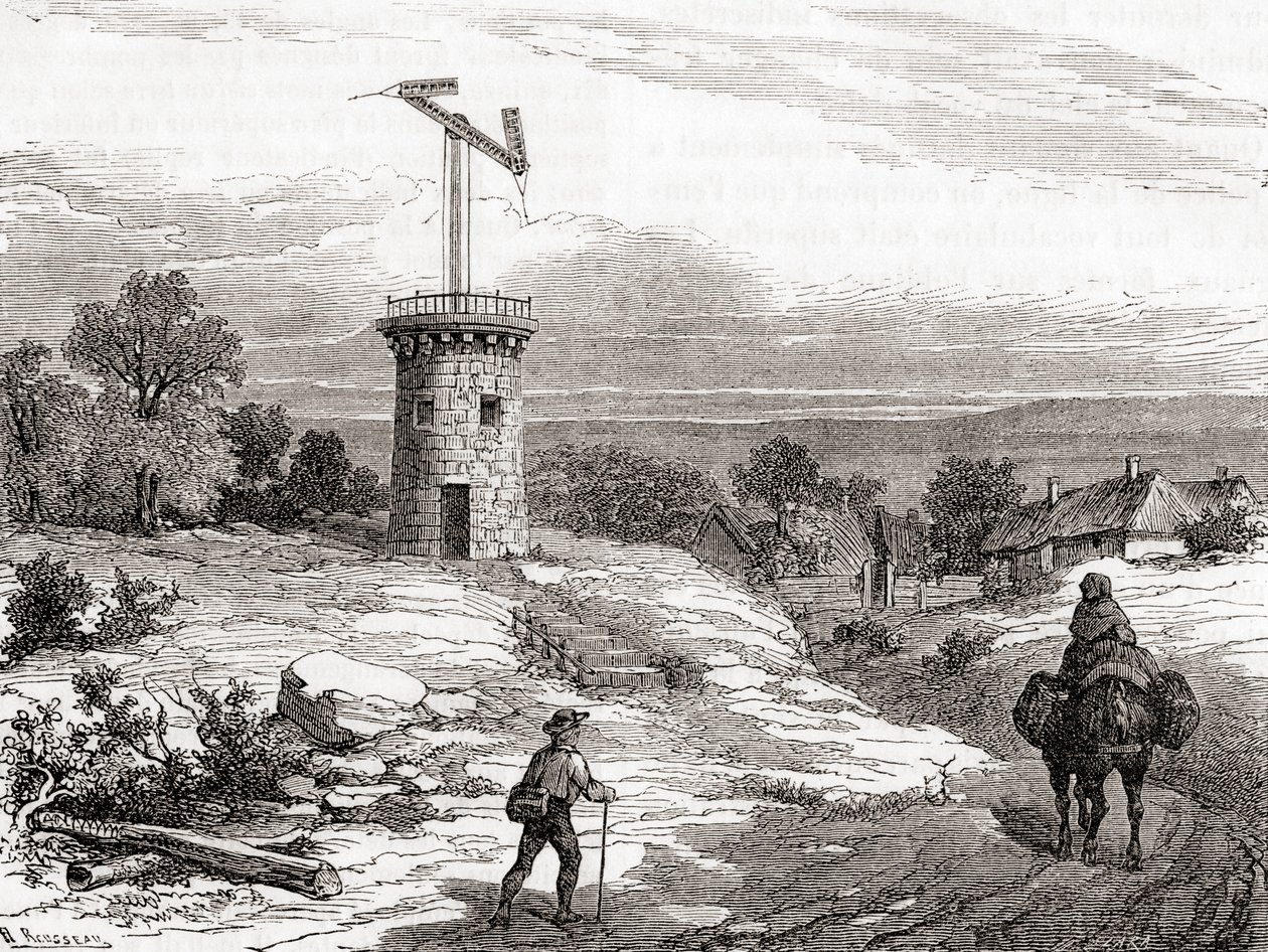 Een luchttelegraafpaal in de 18e eeuw, uit Les Merveilles de la Science, gepubliceerd ca. 1870 door French School