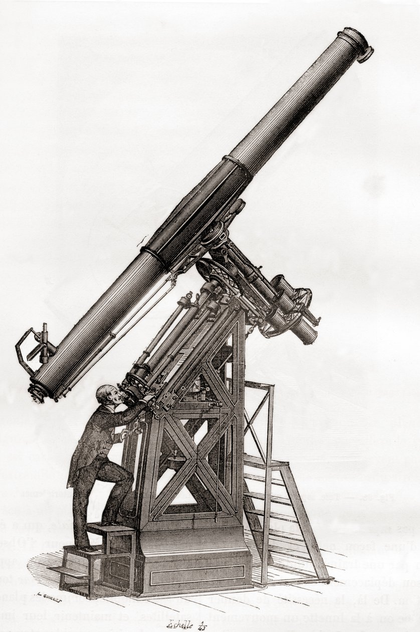Een equatoriale telescoop in het Observatorium van Parijs, Frankrijk in de 19e eeuw, uit Les Merveilles de la Science, gepubliceerd ca. 1870 door French School