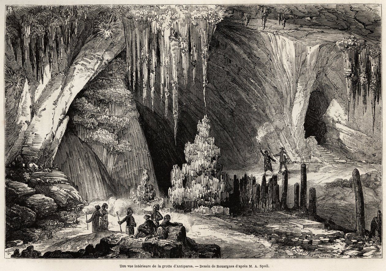 Een interne weergave van de grot van Antiparos, eiland van de Cycladen, tekening door Emile Rouargue (circa 1895-1865), ter illustratie van het bezoek aan de grot van Antiparos, in 1859, door E.A.Spoll. Gravure in 