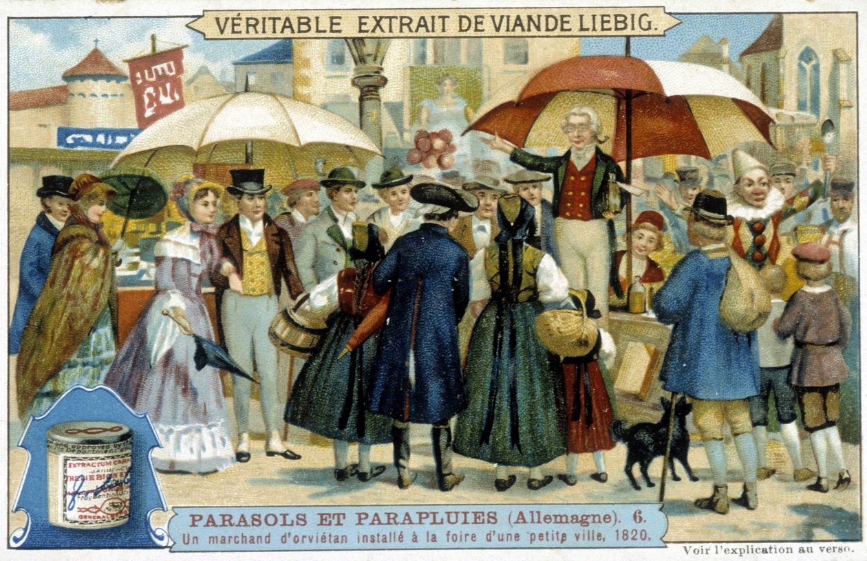 Een orvietan handelaar (charlatan) geïnstalleerd op de kermis van een klein stadje in Duitsland - Reclamelabel Liébig, ca. 1900 door French School