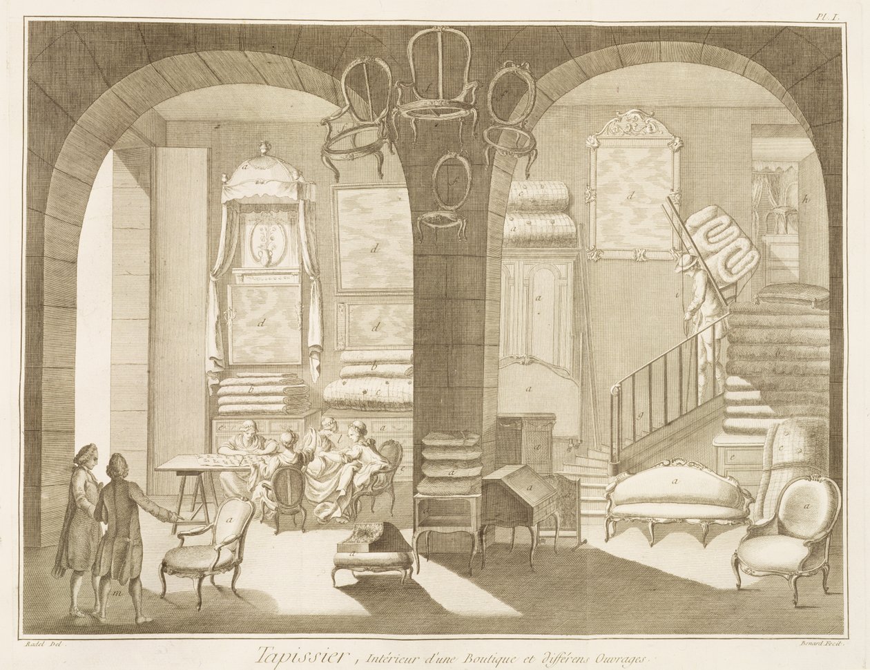 Een stoffeerderswinkel, uit de Encyclopedie des Sciences et Metiers door Denis Diderot (1713-84) gepubliceerd ca. 1770 door French School