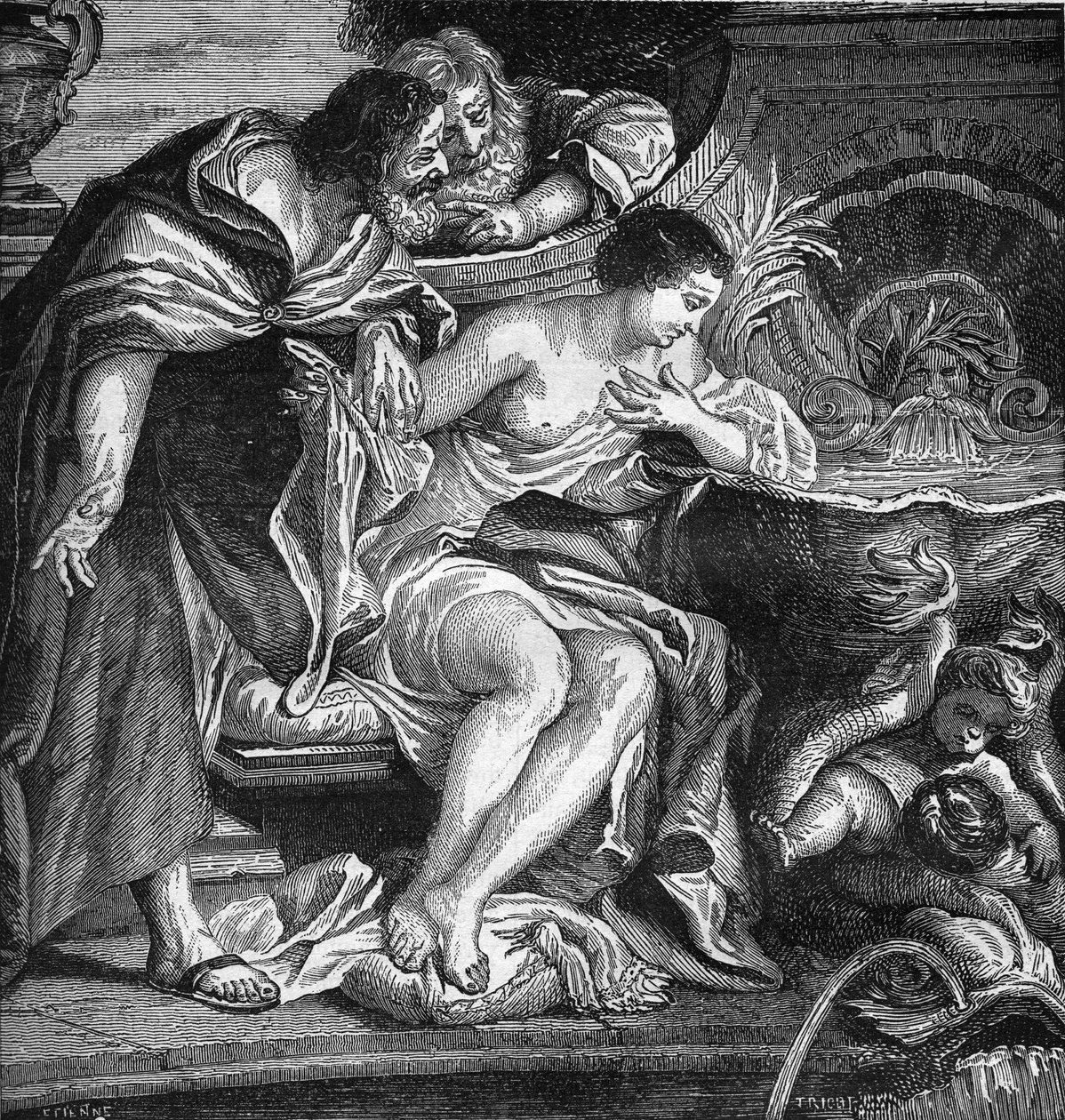 Oud Egypte: Cheops bedacht om zijn dochter te prostitueren om de bouw van de piramides te betalen (pooierschap). Gravure in 