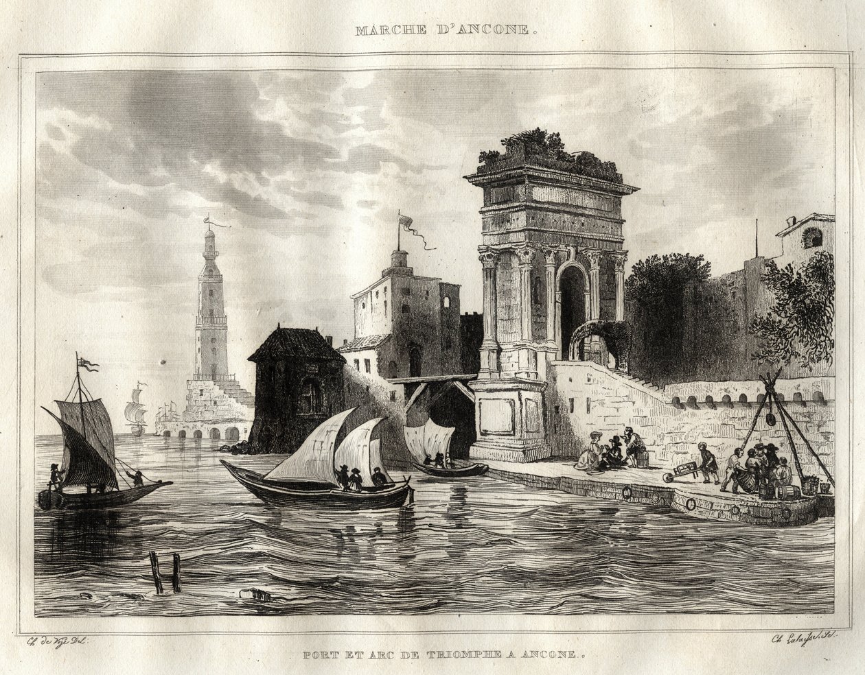 Ancona - Ancona - Italië - De Boog van Trajanus, oud Romeins werk toegeschreven aan Apollodoro - De Boog bevindt zich in Ancona - Gravure uit 