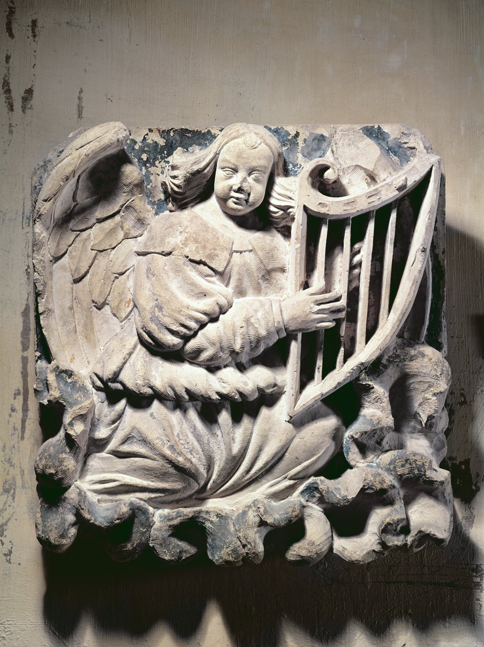 Engel Muzikant die harp speelt (bas-reliëf) door French School