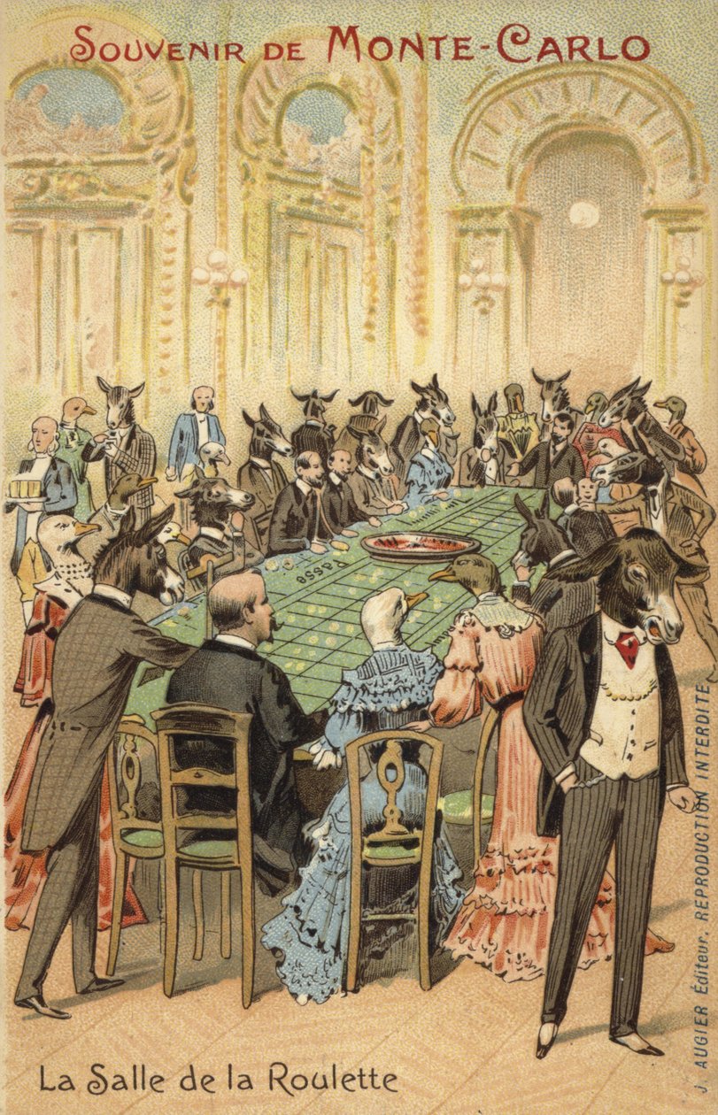Antropomorfe illustratie van de dwaasheden van het casino van Monte Carlo (kleurenlitho) door French School