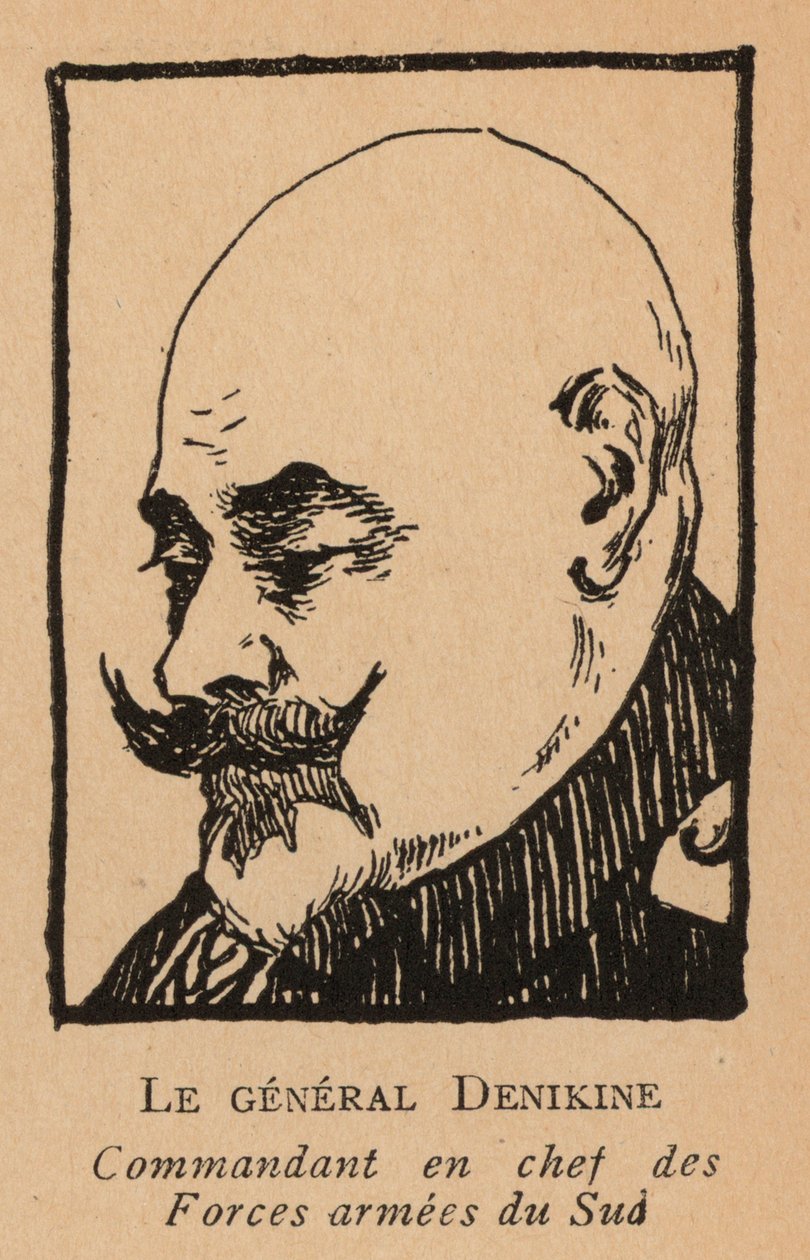 Anton Denikin, Russische generaal die het bevel voerde over het Witte Leger in Zuid-Rusland tijdens de Burgeroorlog (litho) door French School