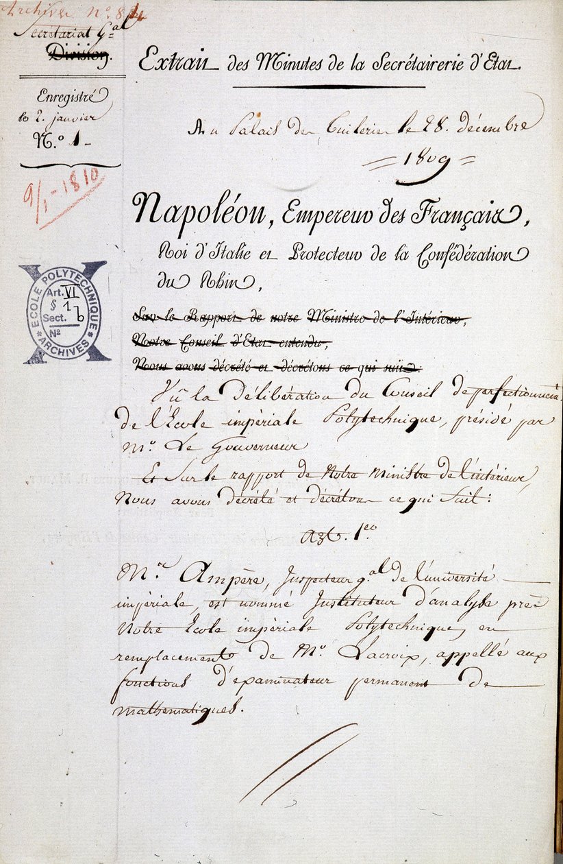 Benoeming door Napoleon van André Marie Ampère als inspecteur van Polytechnique - Verplichte vermelding: Archieven van de Bibl. de l