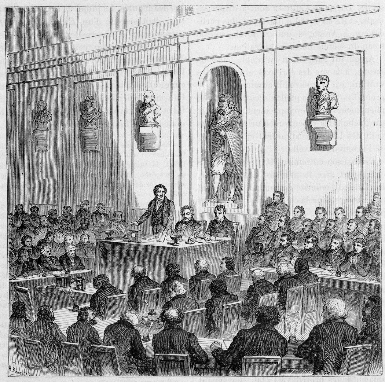 Arago kondigt de ontdekking van Daguerre aan, in de openbare zitting van de Academie van Wetenschappen van 10 augustus door French School