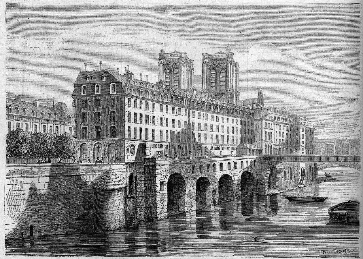 Architectuur: buitenaanzicht van het Hotel Dieu op het Ile de la Cité in Parijs, voor de sloop. Zicht vanaf de Quai de la Tournelle in 1859. Gravure in 