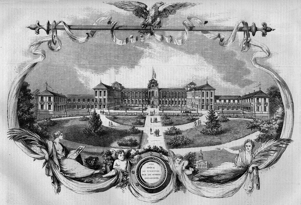 Architectuur: gevel van het ziekenhuis bekend als Keizerlijk Asiel van Vincennes voor herstellende arbeiders, ingehuldigd in 1857. Tegenwoordig het Nationaal Ziekenhuis van Saint Maurice, Saint Maurice (94). Gravure in Le Monde Illustré nr. 20 van 29 augus door French School