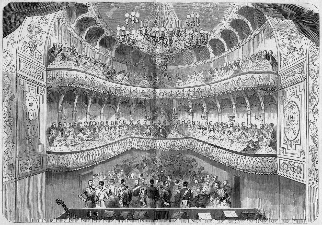 Architectuur: interieur van het theater (18e eeuw) van het paleis van Fontainebleau. Gravure in "Le Monde Illustré" nr. 61 van 12 juni 1858. door French School