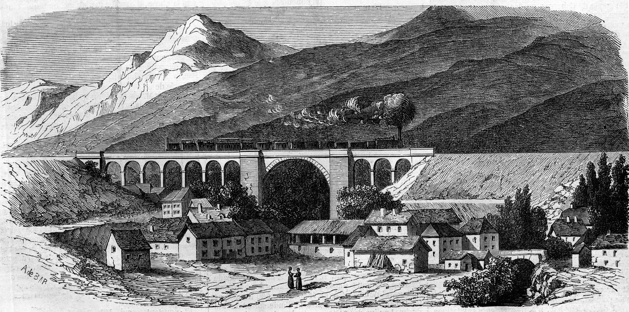 Architectuur: uitzicht op het Bellegarde-viaduct (Rhone Alpes) op de spoorlijn die Lyon met Genève verbindt. 1858. Gravure in 