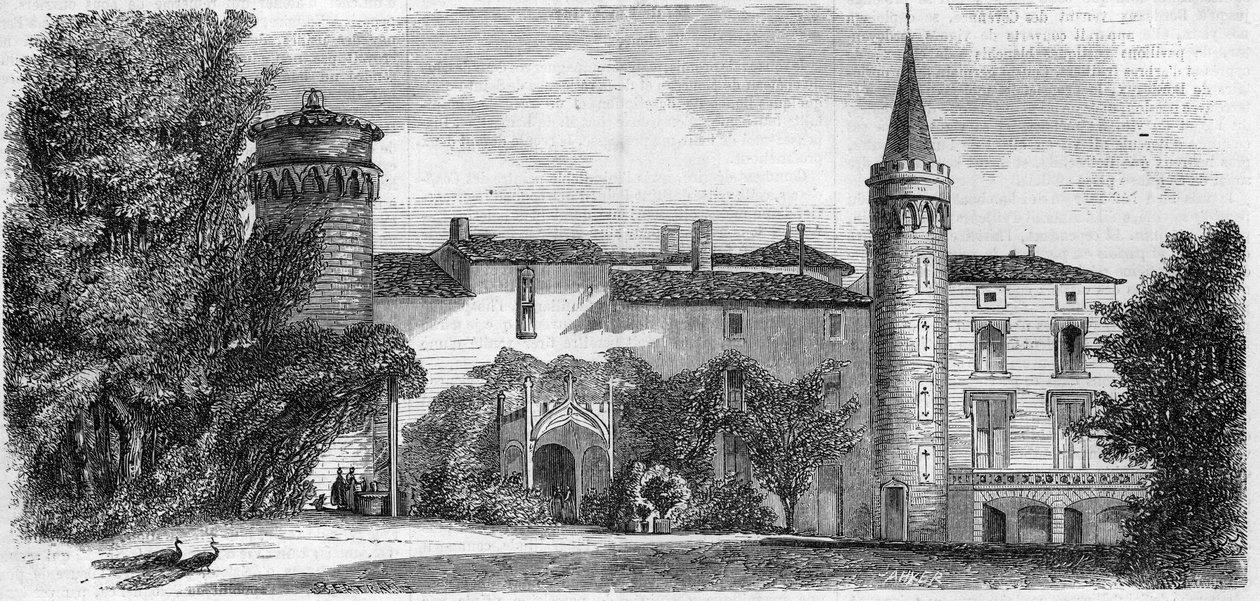 Architectuur: zicht op het kasteel van Saint Point (13e eeuw), residentie van Alphonse de Lamartine. Saone en Loire (71). Gravure in 