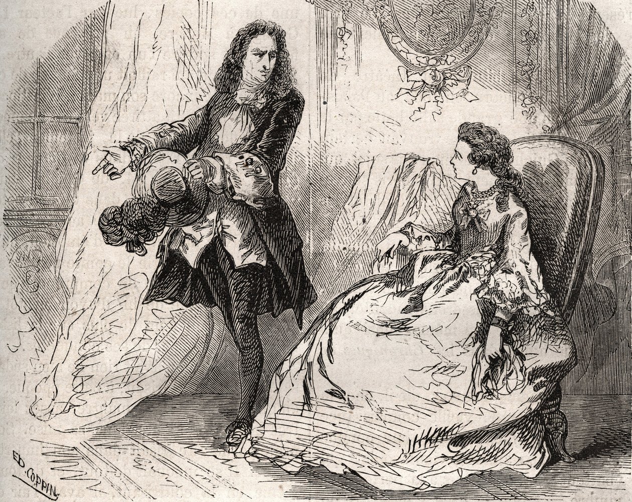 Armande Bejart (1641-1700), vrouw van Jean Baptiste Poquelin genaamd Moliere (1622-1673) met haar minnaar, de graaf van Guiche, Gravure uit 1871 in 