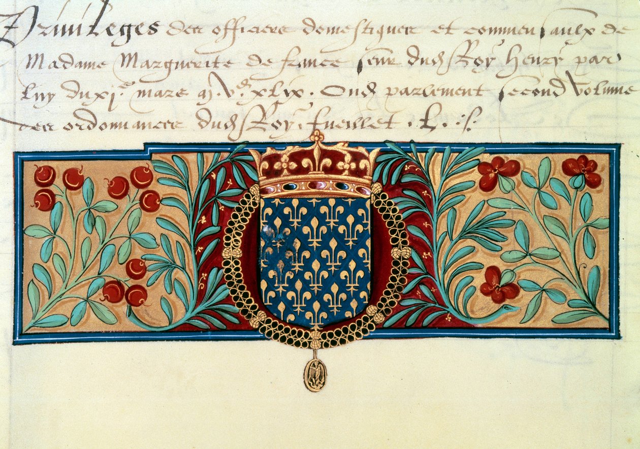 Wapens van Frankrijk (omgeven door de ketting van de Orde van Sint-Michiel en bekroond door de koninklijke kroon) door French School