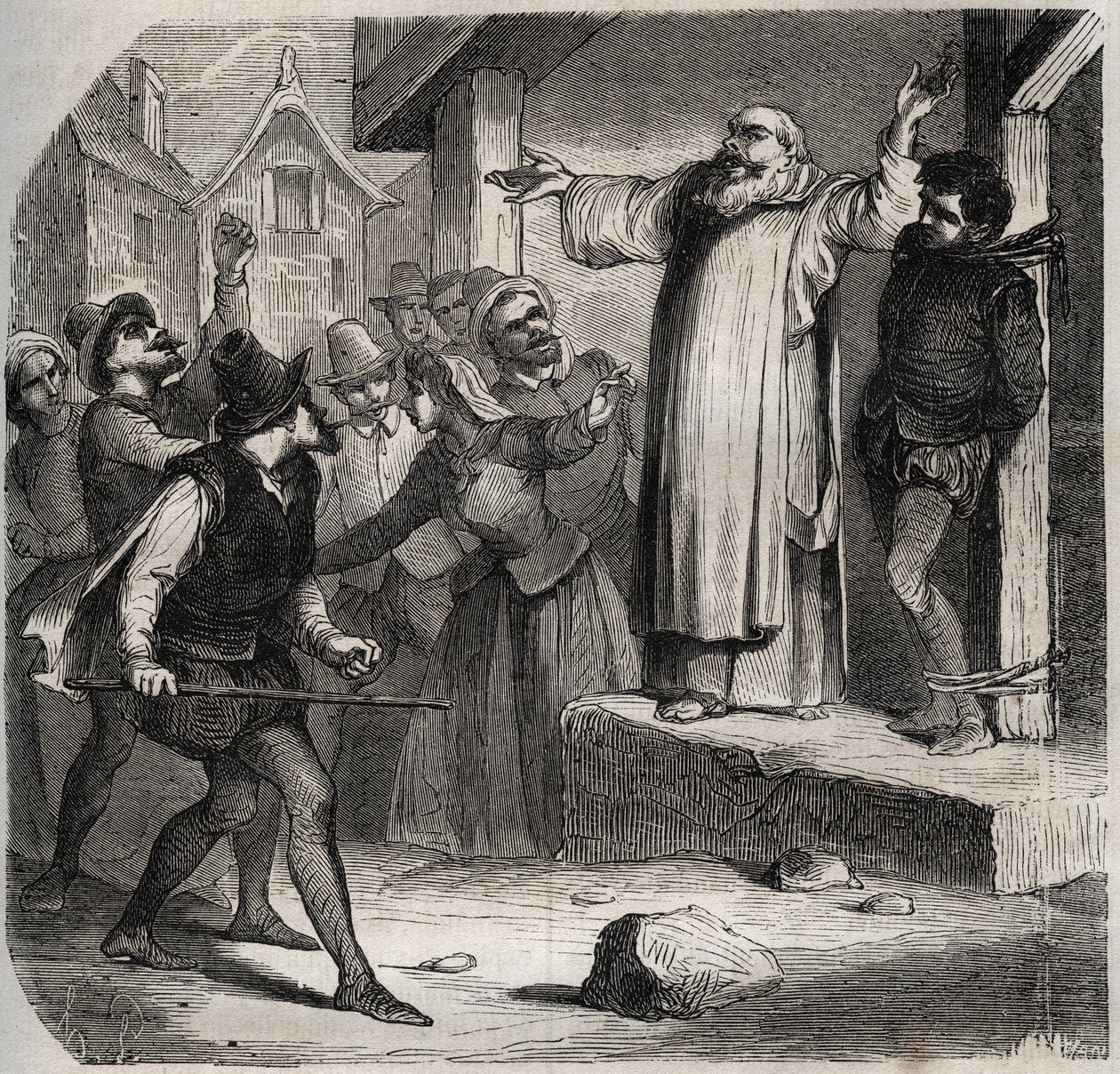 Arnaud du Tilh (Thil) is vastgebonden aan een galg en onderworpen aan de beledigingen van de menigte voor zijn executie wegens het usurperen van de identiteit van Martin Guerre (circa 1524 rond 1560). Gravure uit 1871 in 
