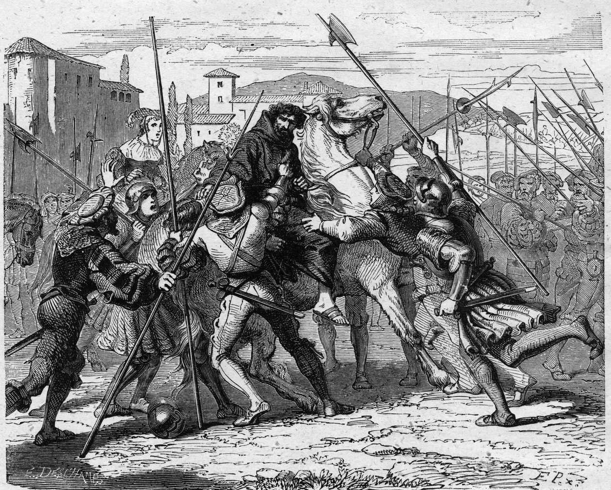 Arrestatie van Ludovic Marie Sforza genaamd de More (Ludovico Maria Sforza detto il Moro) (1452-1508) in Milaan in 1500 verraden door Zwitserse huurlingen, hij viel in handen van het Franse leger. Gravure in "Histoire De France En Cent Peintures" door Paul door French School