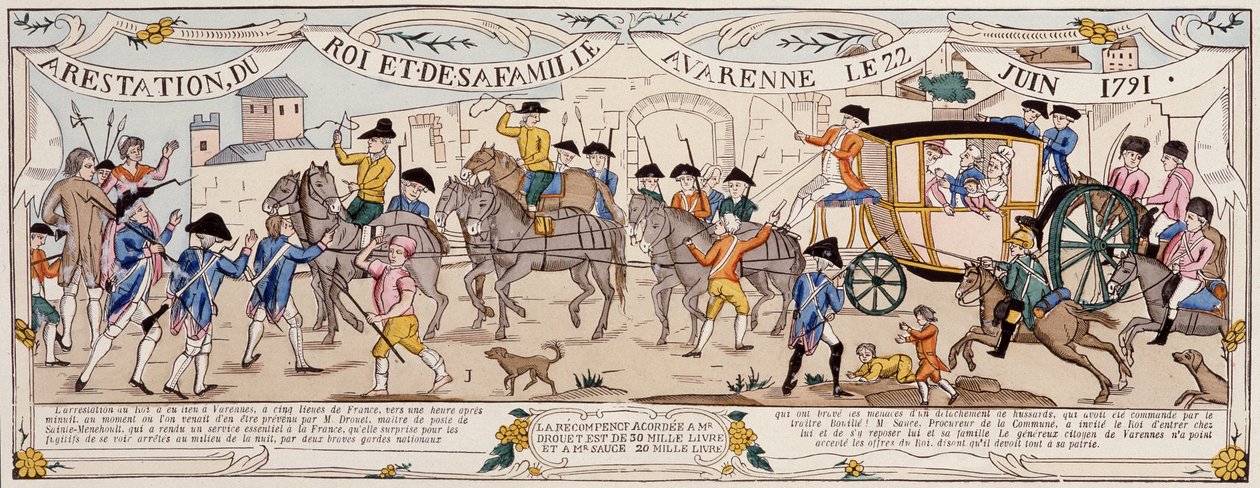 Arrestatie van de Koning en zijn Familie in Varennes op 22 juni 1791 door French School
