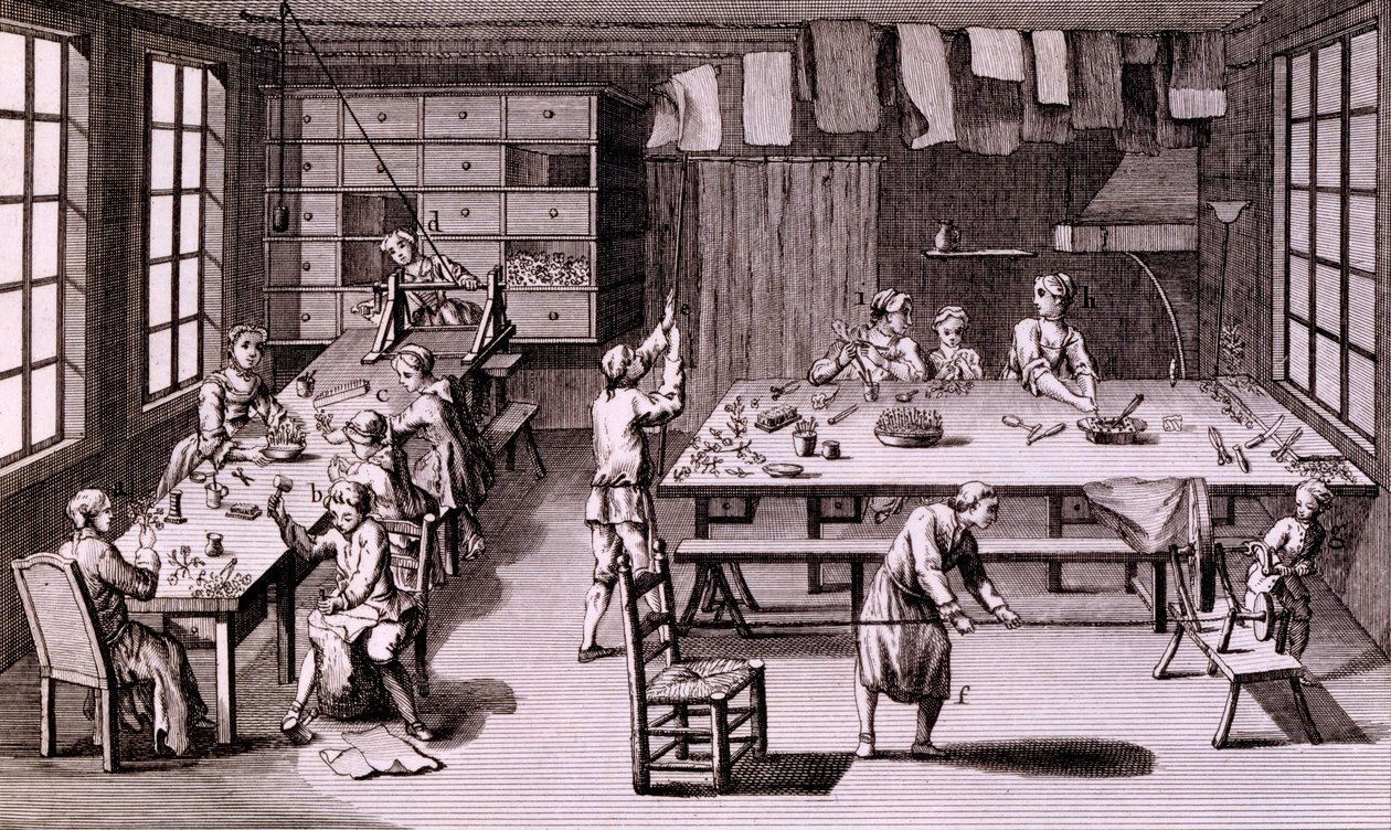Kunstbloemenwinkel, illustratie uit Encyclopaedia of een Systematisch Woordenboek van de Wetenschappen, Kunsten en Ambachten door Denis Diderot, gepubliceerd 1765 door French School