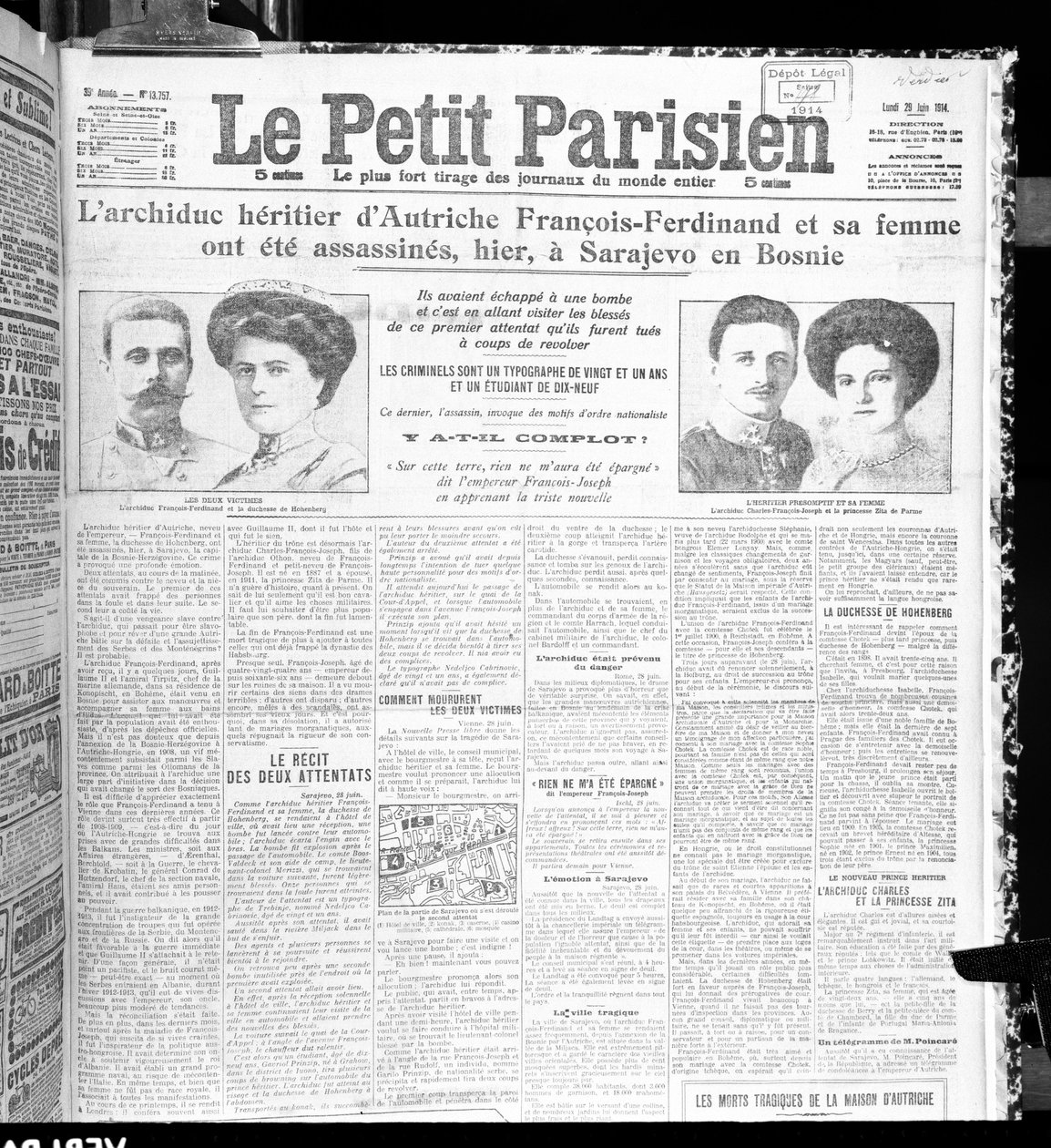Moord op aartshertog Franz Ferdinand van Oostenrijk (1863-1914) en zijn vrouw, uit Le Petit Parisien, 29 juni 1914 door French School