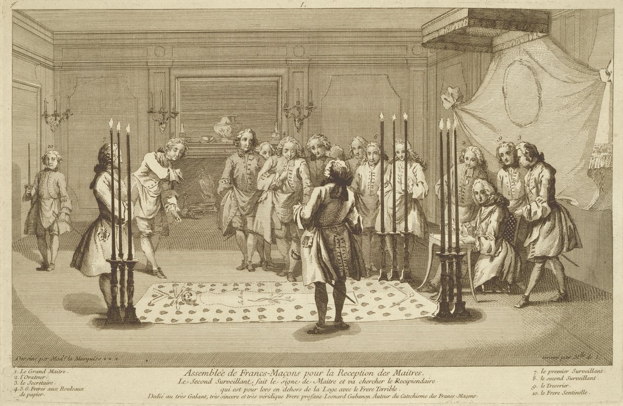 Vergadering van Vrijmetselaars voor de initiatie van een meester, uit De Ceremonies van Religie en Gewoonte c.1733 door French School