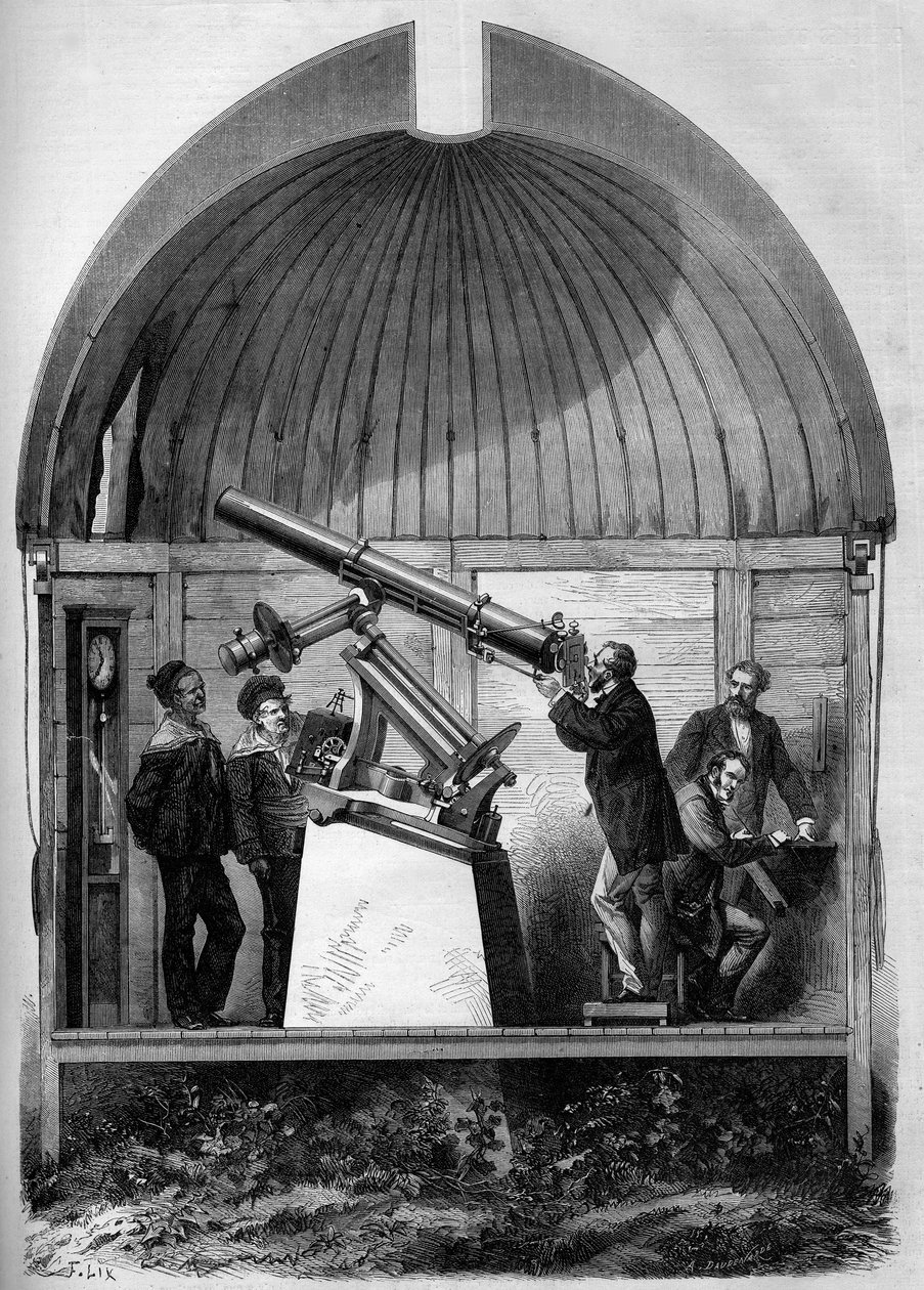 Astronomie: Franse astronomische kijker getransporteerd naar Yokohama (Japan) om de planeet Venus voorbij de zon te observeren. Gravure in 